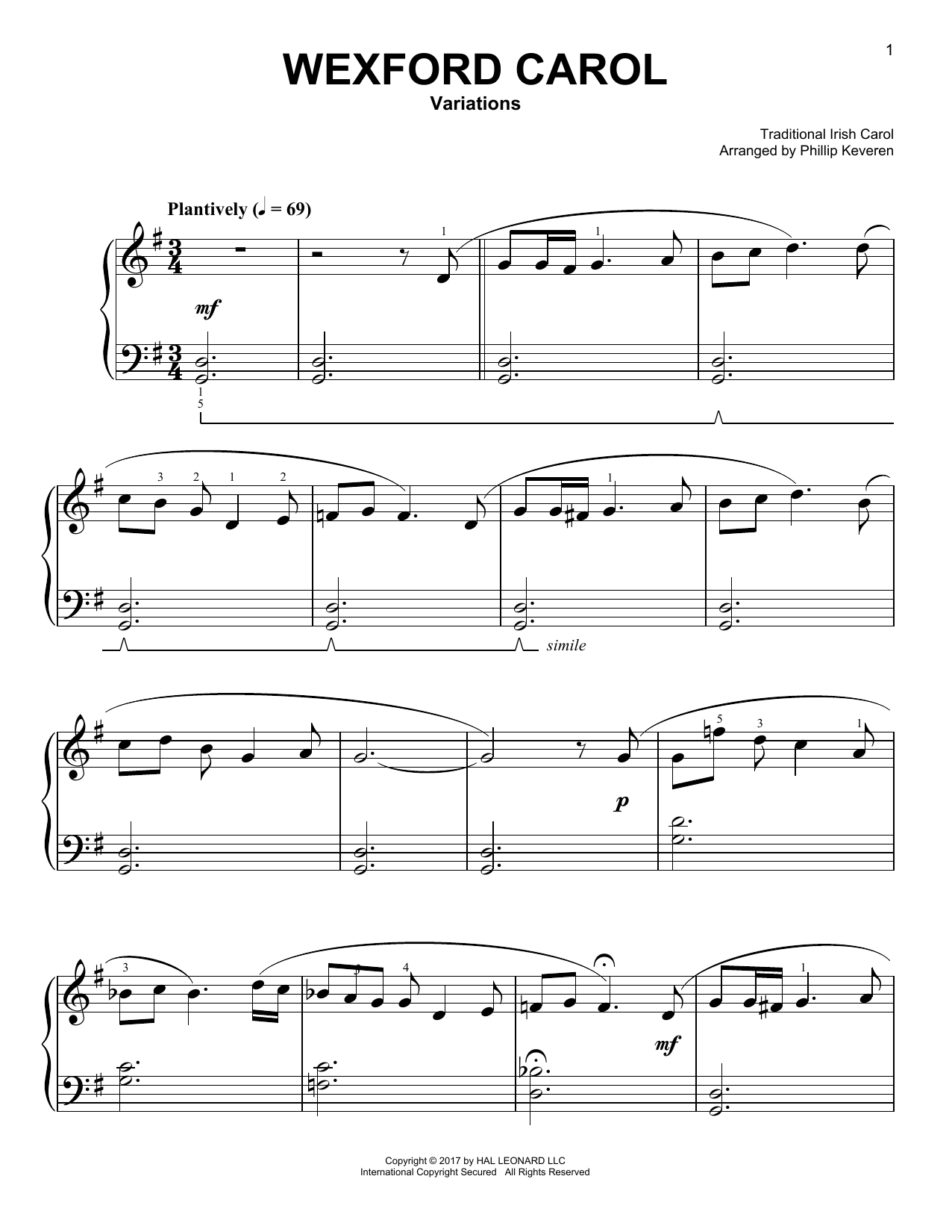 Traditional Irish Carol Wexford Carol [Classical version] (arr. Phillip Keveren) Sheet Music Notes & Chords for Easy Piano - Download or Print PDF