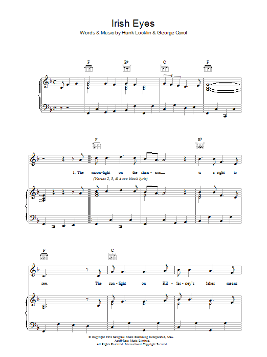 Traditional Irish Eyes Sheet Music Notes & Chords for Piano, Vocal & Guitar (Right-Hand Melody) - Download or Print PDF