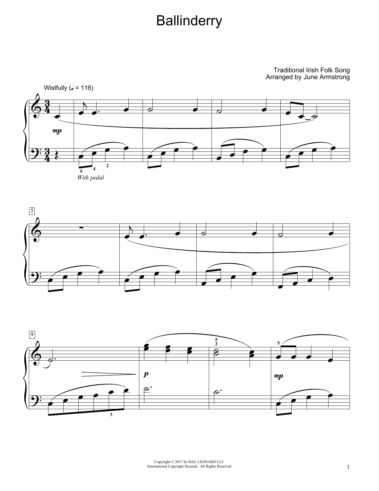 Traditional Irish Folk Song Ballinderry (arr. June Armstrong) Sheet Music Notes & Chords for Educational Piano - Download or Print PDF
