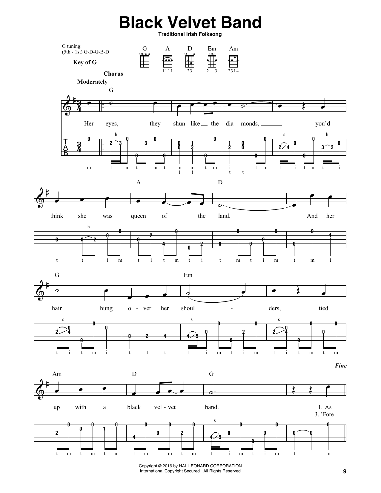 Traditional Irish Folk Song Black Velvet Band Sheet Music Notes & Chords for Banjo - Download or Print PDF