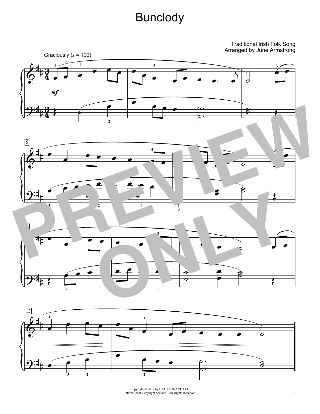 Traditional Irish Folk Song Bunclody (arr. June Armstrong) Sheet Music Notes & Chords for Educational Piano - Download or Print PDF