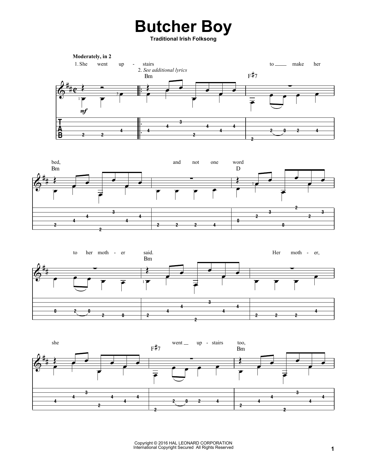 Traditional Irish Folk Song Butcher Boy Sheet Music Notes & Chords for Guitar Tab - Download or Print PDF