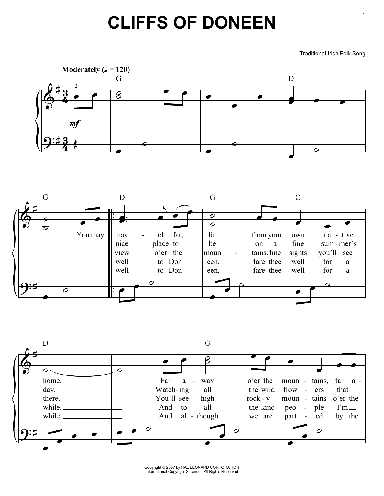 Irish Folksong Cliffs Of Doneen Sheet Music Notes & Chords for Easy Piano - Download or Print PDF