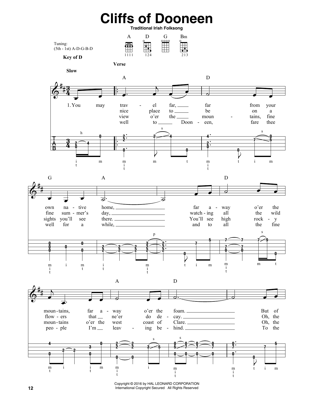 Traditional Irish Folk Song Cliffs Of Doneen Sheet Music Notes & Chords for Banjo - Download or Print PDF