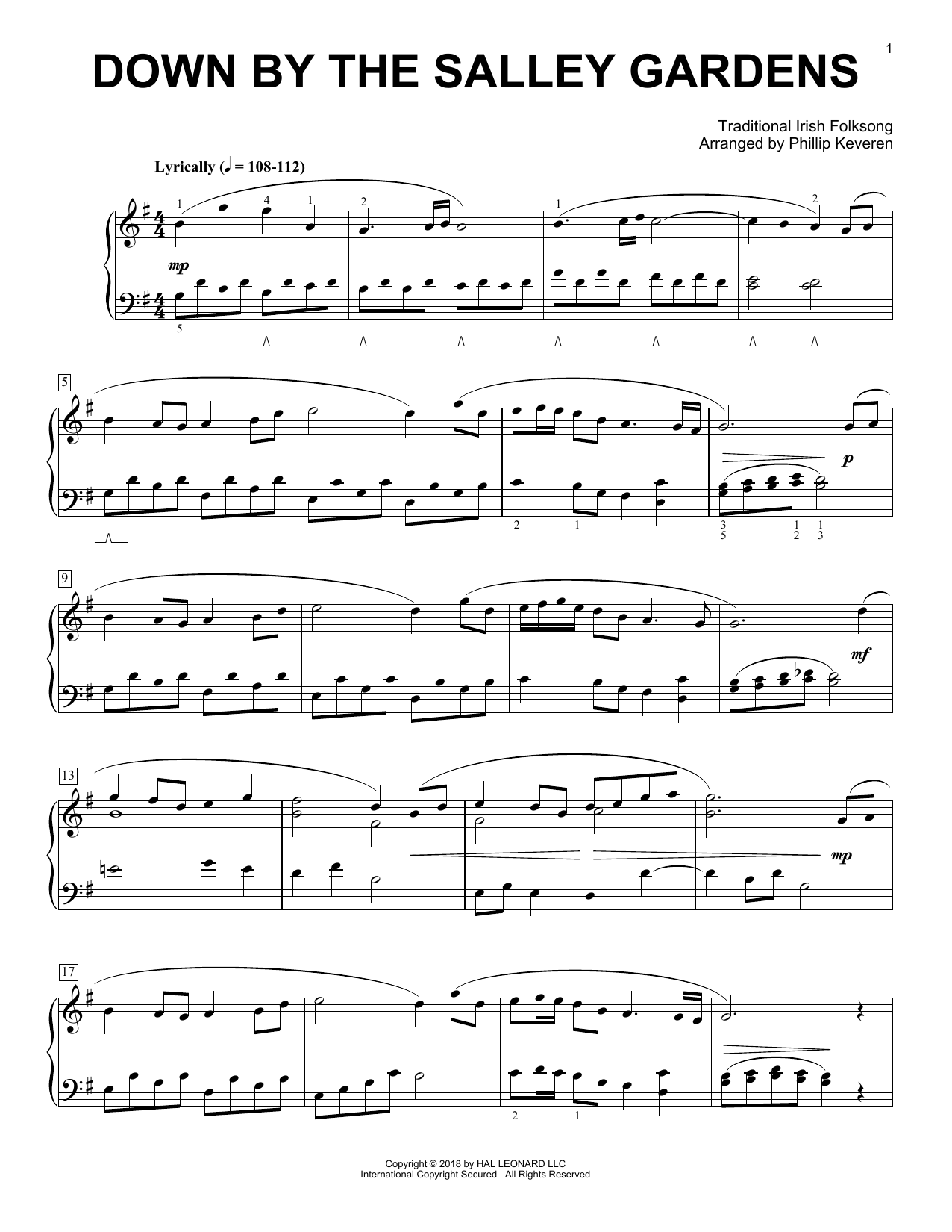 Traditional Irish Folk Song Down By The Salley Gardens [Classical version] (arr. Phillip Keveren) Sheet Music Notes & Chords for Piano - Download or Print PDF
