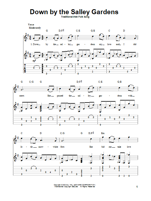 Traditional Irish Folk Song Down By The Sally Gardens Sheet Music Notes & Chords for Guitar Tab - Download or Print PDF