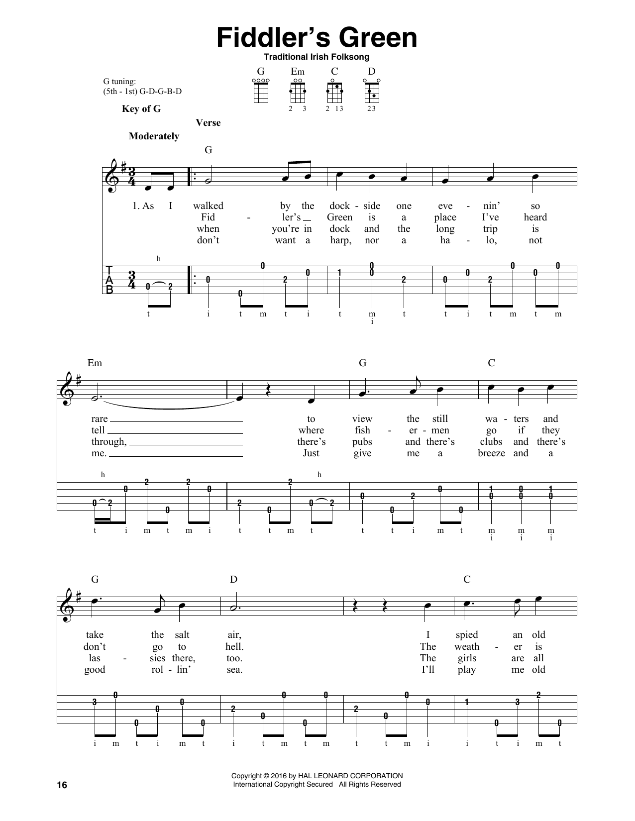 Traditional Irish Folk Song Fiddler's Green Sheet Music Notes & Chords for Banjo - Download or Print PDF