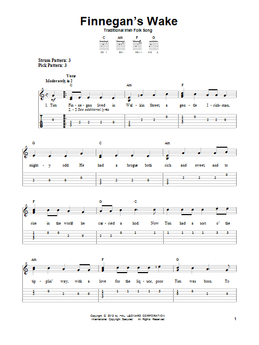 Traditional Irish Folk Song Finnegan's Wake Sheet Music Notes & Chords for Ukulele - Download or Print PDF