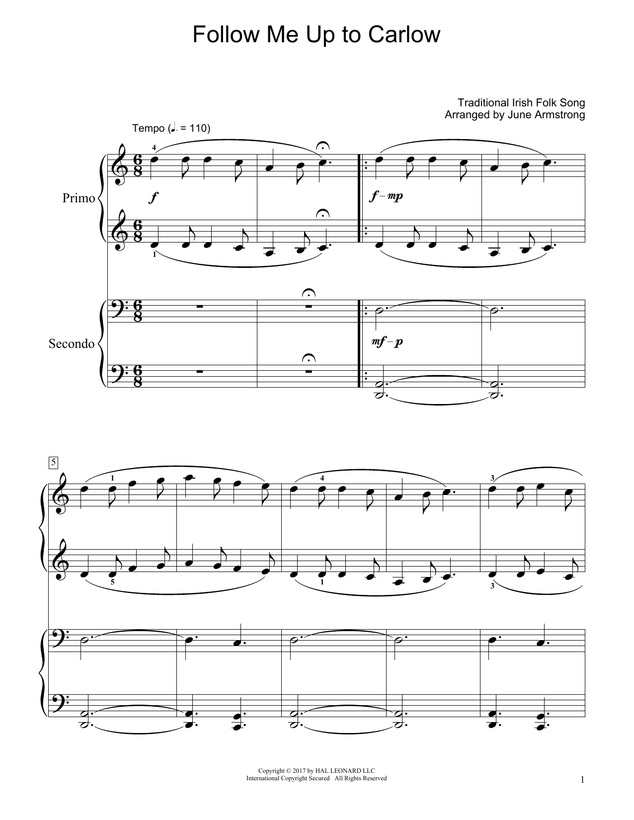 Traditional Irish Folk Song Follow Me Up To Carlow (arr. June Armstrong) Sheet Music Notes & Chords for Piano Duet - Download or Print PDF