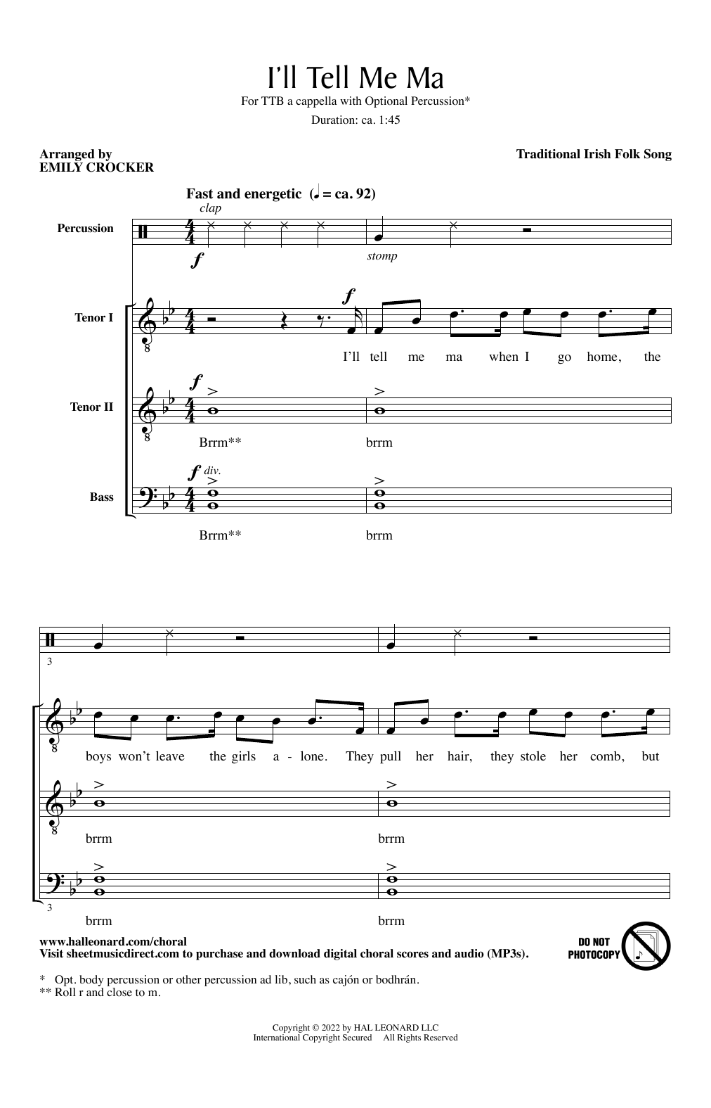 Traditional Irish Folk Song I'll Tell Me Ma (arr. Emily Crocker) Sheet Music Notes & Chords for TTB Choir - Download or Print PDF