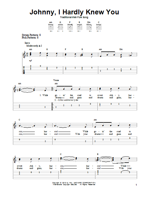Traditional Irish Folk Song Johnny, I Hardly Knew You Sheet Music Notes & Chords for Easy Guitar Tab - Download or Print PDF