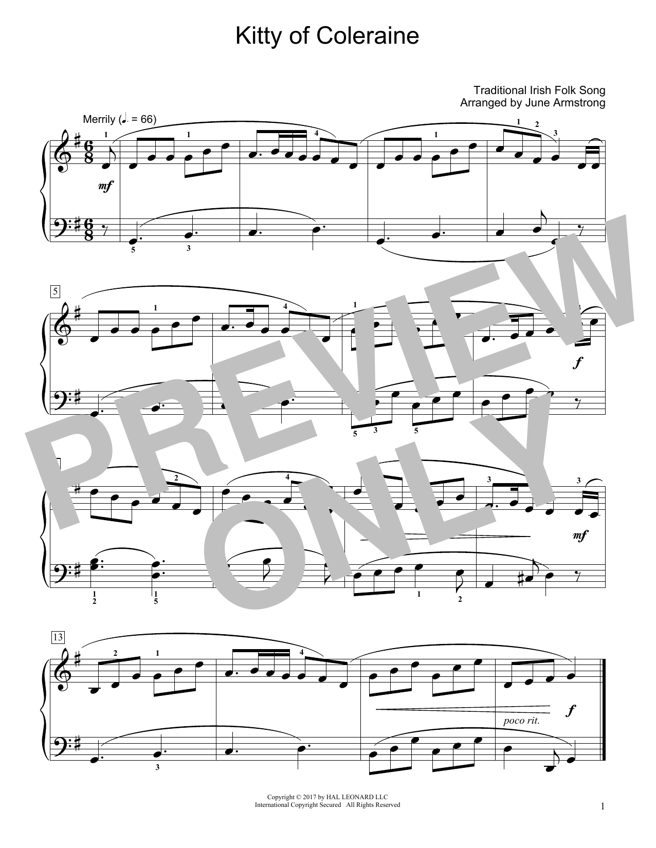 Traditional Irish Folk Song Kitty Of Coleraine (arr. June Armstrong) Sheet Music Notes & Chords for Educational Piano - Download or Print PDF