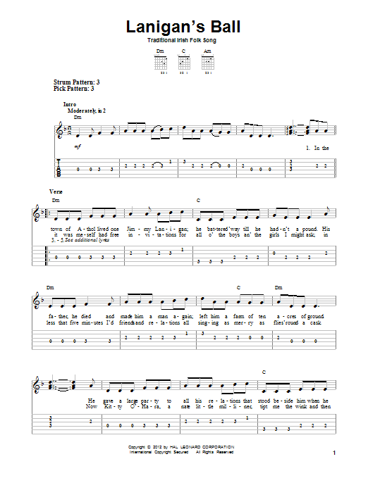 Traditional Irish Folk Song Lanigan's Ball Sheet Music Notes & Chords for Easy Guitar Tab - Download or Print PDF