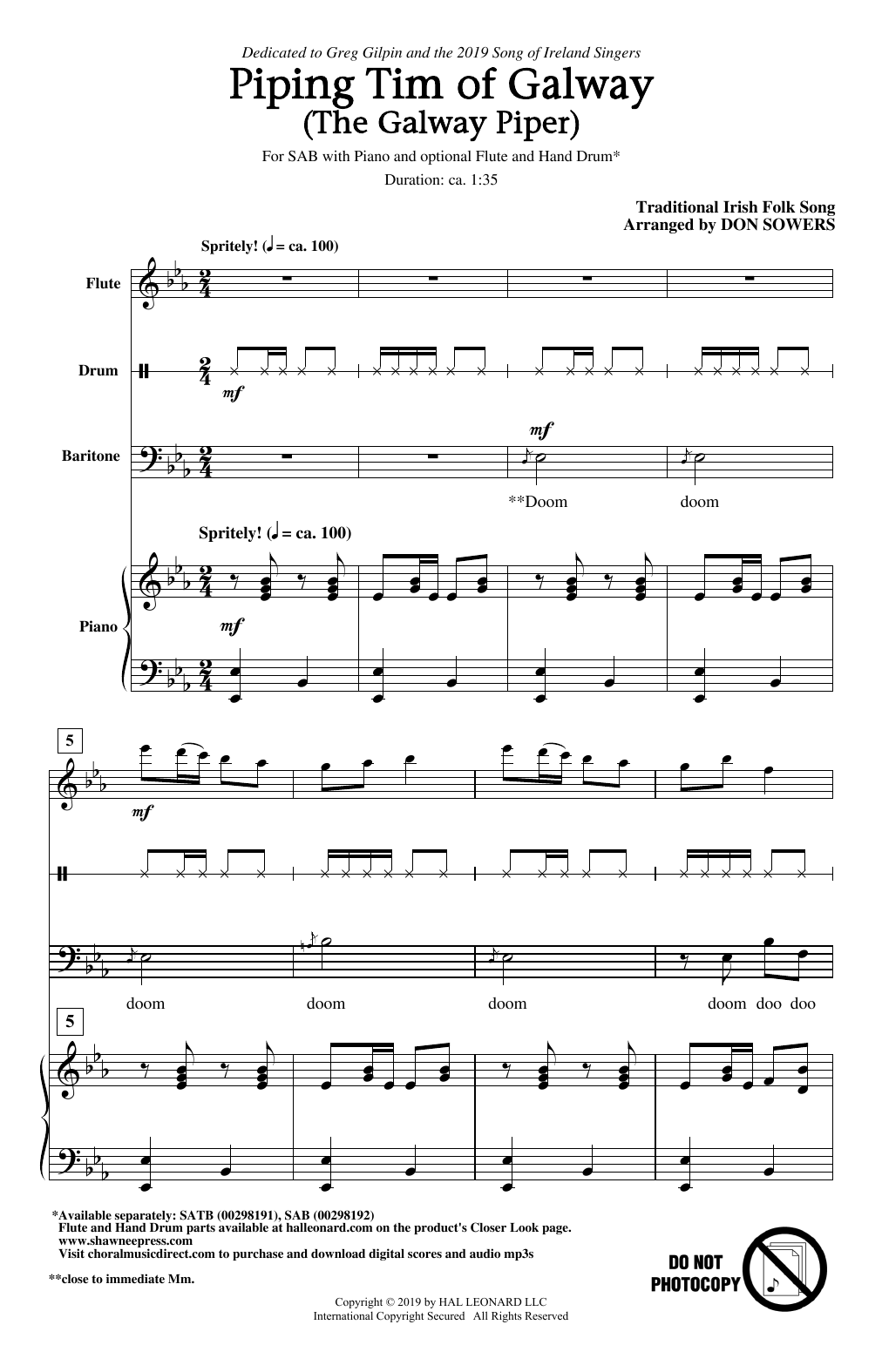 Traditional Irish Folk Song Piping Tim Of Galway (The Galway Piper) (arr. Don Sowers) Sheet Music Notes & Chords for SATB Choir - Download or Print PDF