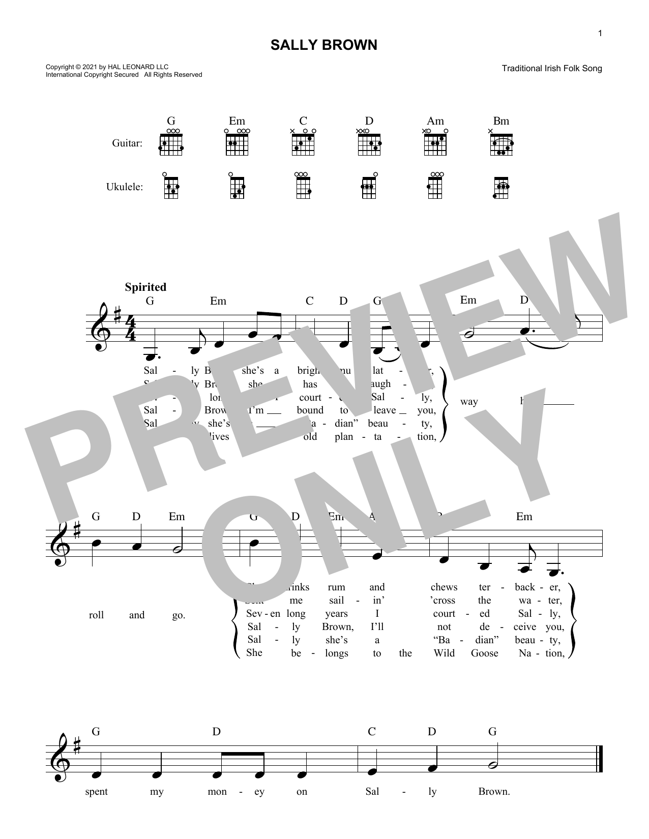 Traditional Irish Folk Song Sally Brown Sheet Music Notes & Chords for Lead Sheet / Fake Book - Download or Print PDF