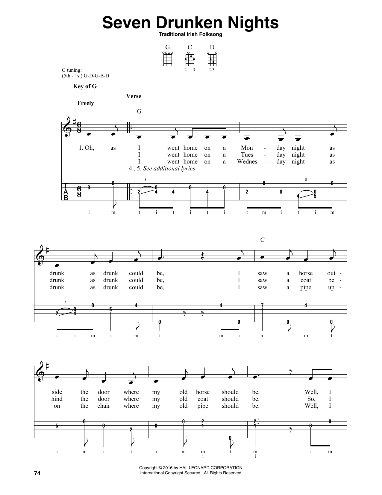 Traditional Irish Folk Song Seven Drunken Nights Sheet Music Notes & Chords for Banjo - Download or Print PDF