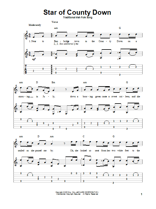 Traditional Irish Folk Song Star Of County Down Sheet Music Notes & Chords for Guitar Tab - Download or Print PDF