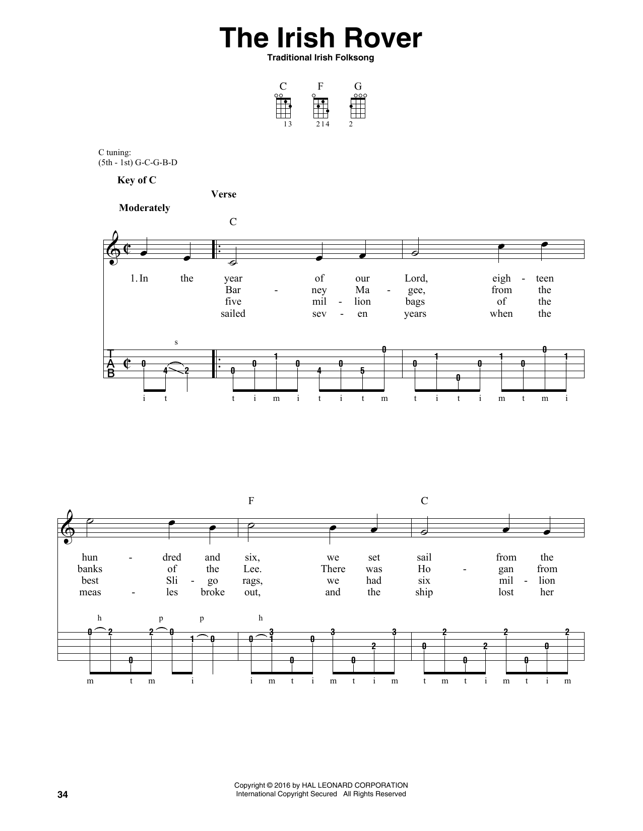 Traditional Irish Folk Song The Irish Rover Sheet Music Notes & Chords for Ukulele - Download or Print PDF