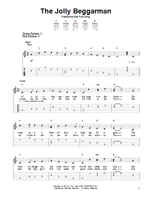 Traditional Irish Folk Song The Jolly Beggarman Sheet Music Notes & Chords for Easy Guitar Tab - Download or Print PDF