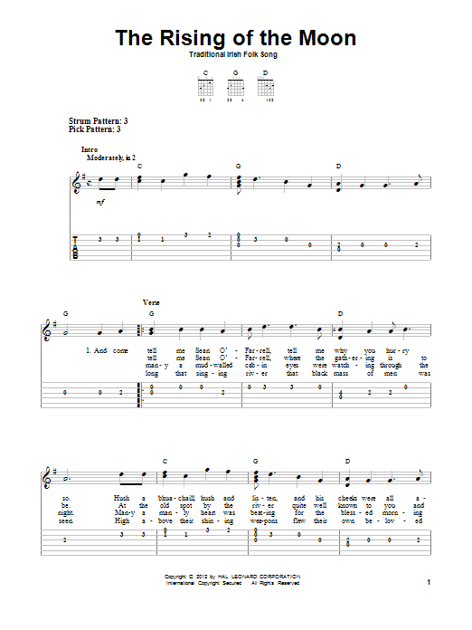 Traditional Irish Folk Song The Rising Of The Moon Sheet Music Notes & Chords for Easy Guitar Tab - Download or Print PDF
