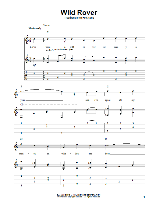 Traditional Irish Folk Song Wild Rover Sheet Music Notes & Chords for Guitar Tab - Download or Print PDF
