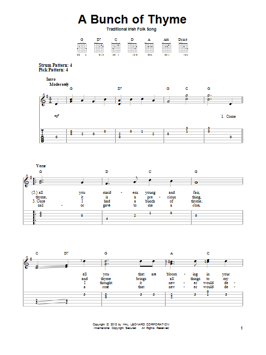 Traditional Irish Folksong A Bunch Of Thyme Sheet Music Notes & Chords for Easy Guitar Tab - Download or Print PDF