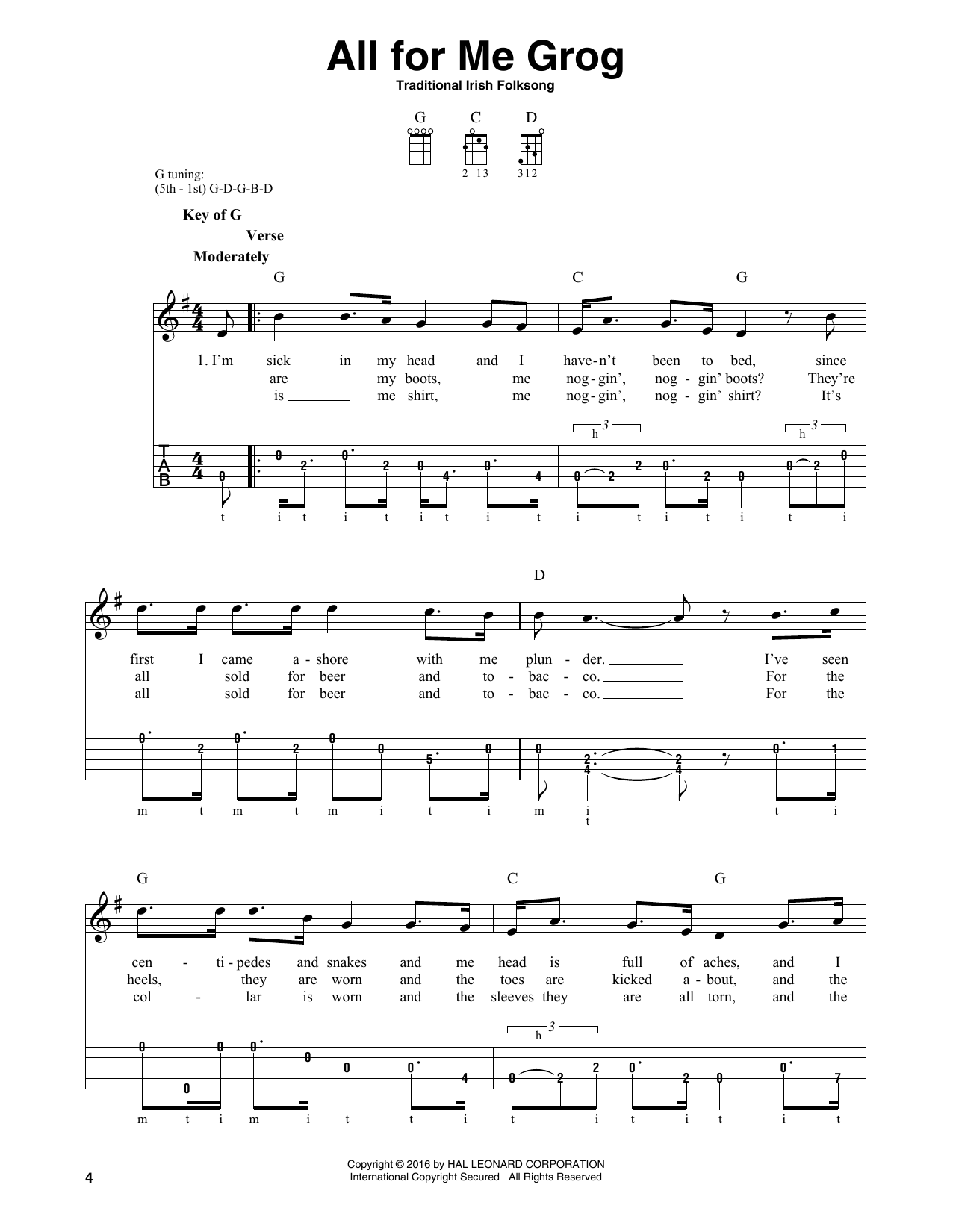 Traditional Irish Folksong All For Me Grog Sheet Music Notes & Chords for Banjo - Download or Print PDF