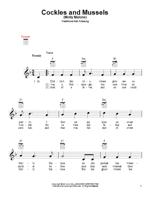 Traditional Irish Folksong Cockles And Mussels (Molly Malone) Sheet Music Notes & Chords for Ukulele - Download or Print PDF