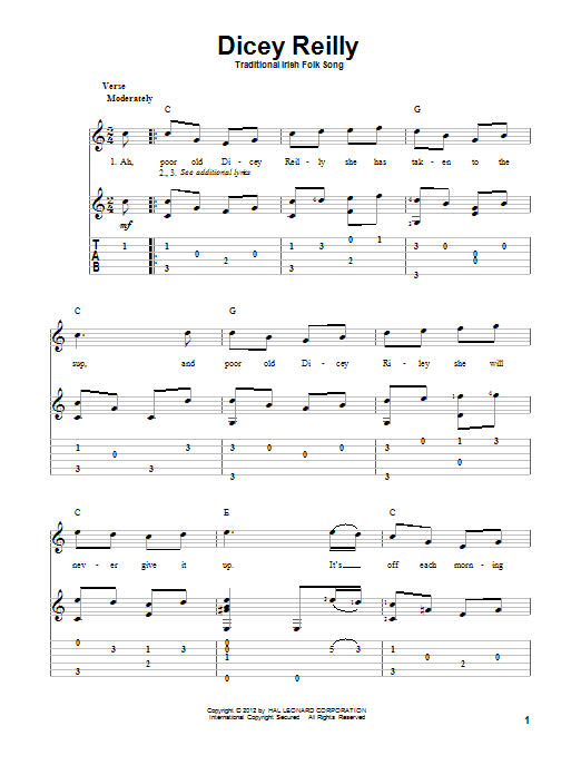 Traditional Irish Folksong Dicey Reilly Sheet Music Notes & Chords for Guitar Tab - Download or Print PDF