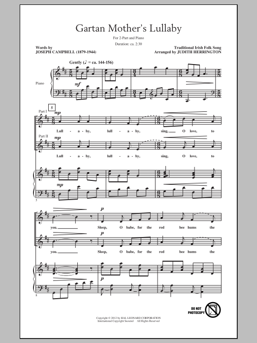 Traditional Irish Folksong Gartan Mother's Lullaby (arr. Judith Herrington) Sheet Music Notes & Chords for 2-Part Choir - Download or Print PDF