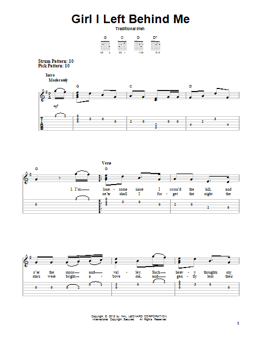 Traditional Irish Girl I Left Behind Me Sheet Music Notes & Chords for Easy Guitar Tab - Download or Print PDF