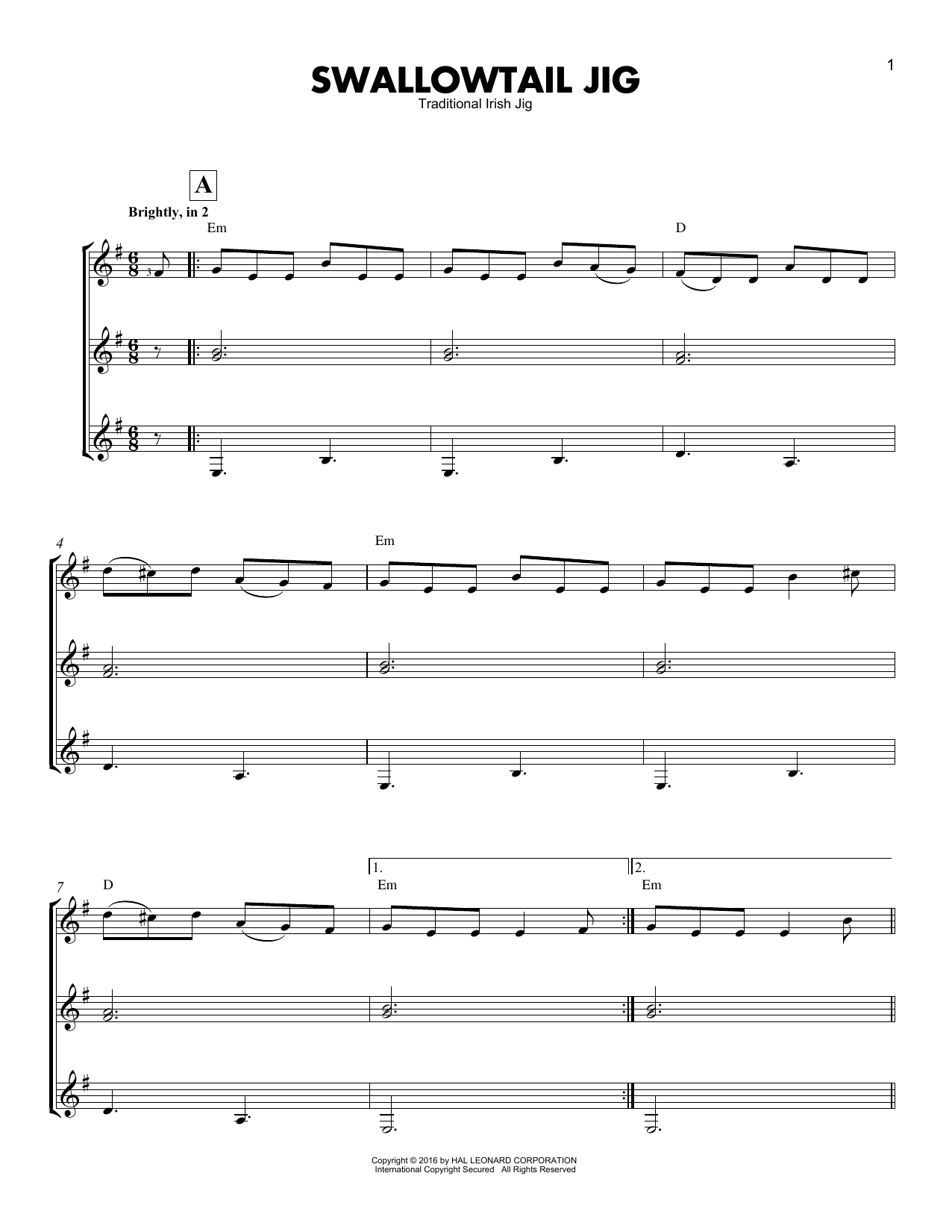 Traditional Irish Jig Swallowtail Jig Sheet Music Notes & Chords for Guitar Ensemble - Download or Print PDF