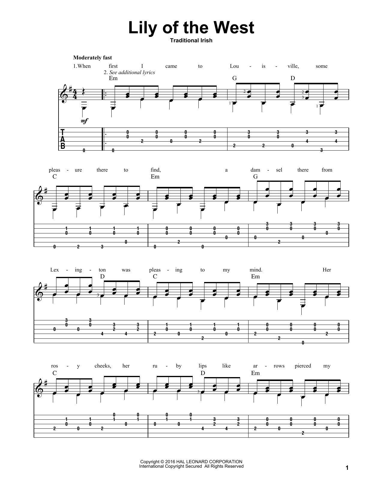Traditional Irish Lily Of The West Sheet Music Notes & Chords for Guitar Tab - Download or Print PDF