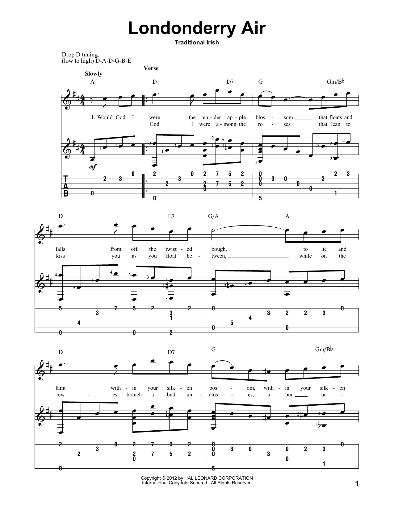 Traditional Irish Londonderry Air Sheet Music Notes & Chords for Guitar Tab - Download or Print PDF