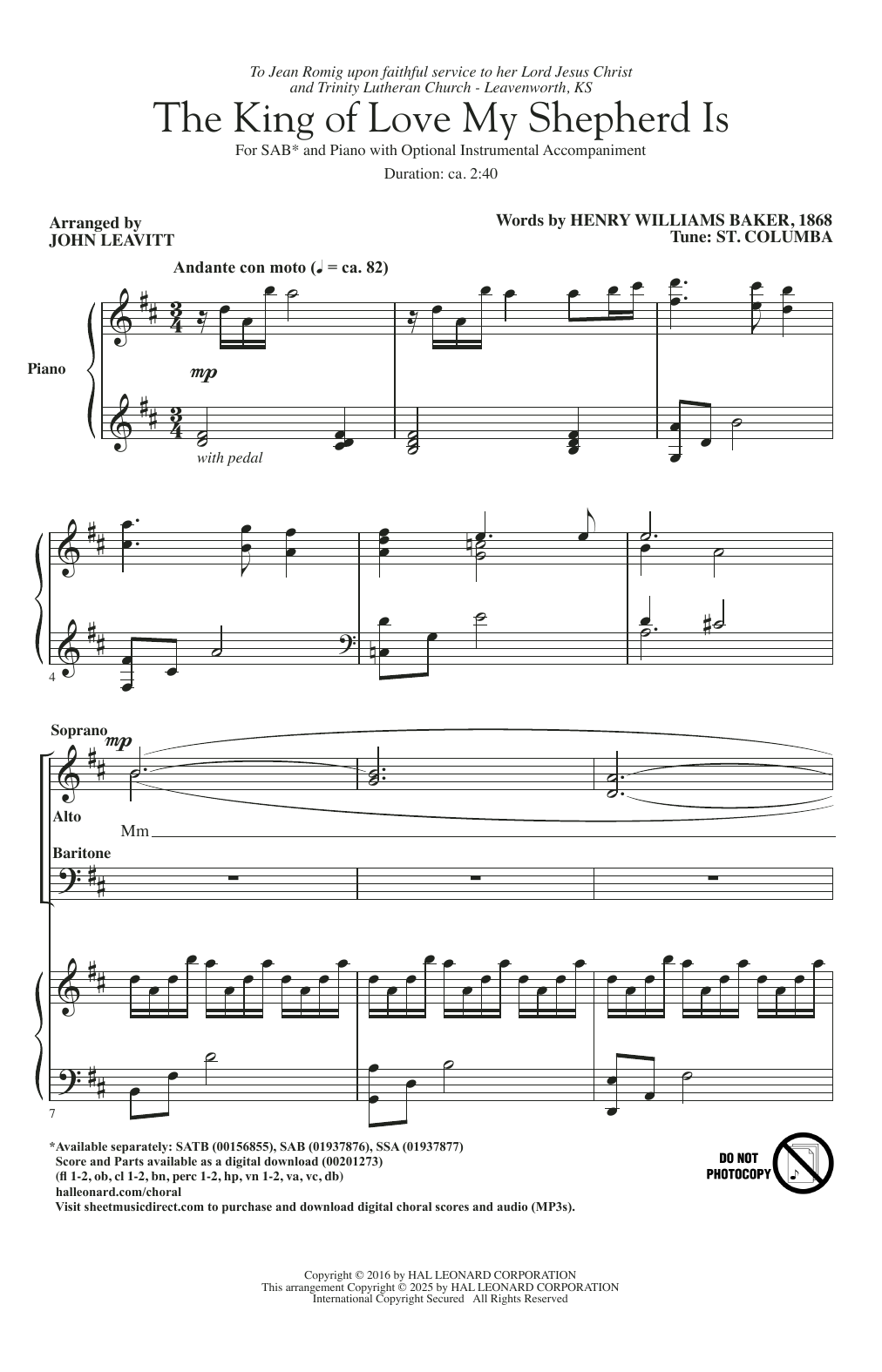 Traditional Irish Melody The King Of Love My Shepherd Is (arr. John Leavitt) Sheet Music Notes & Chords for SSA Choir - Download or Print PDF