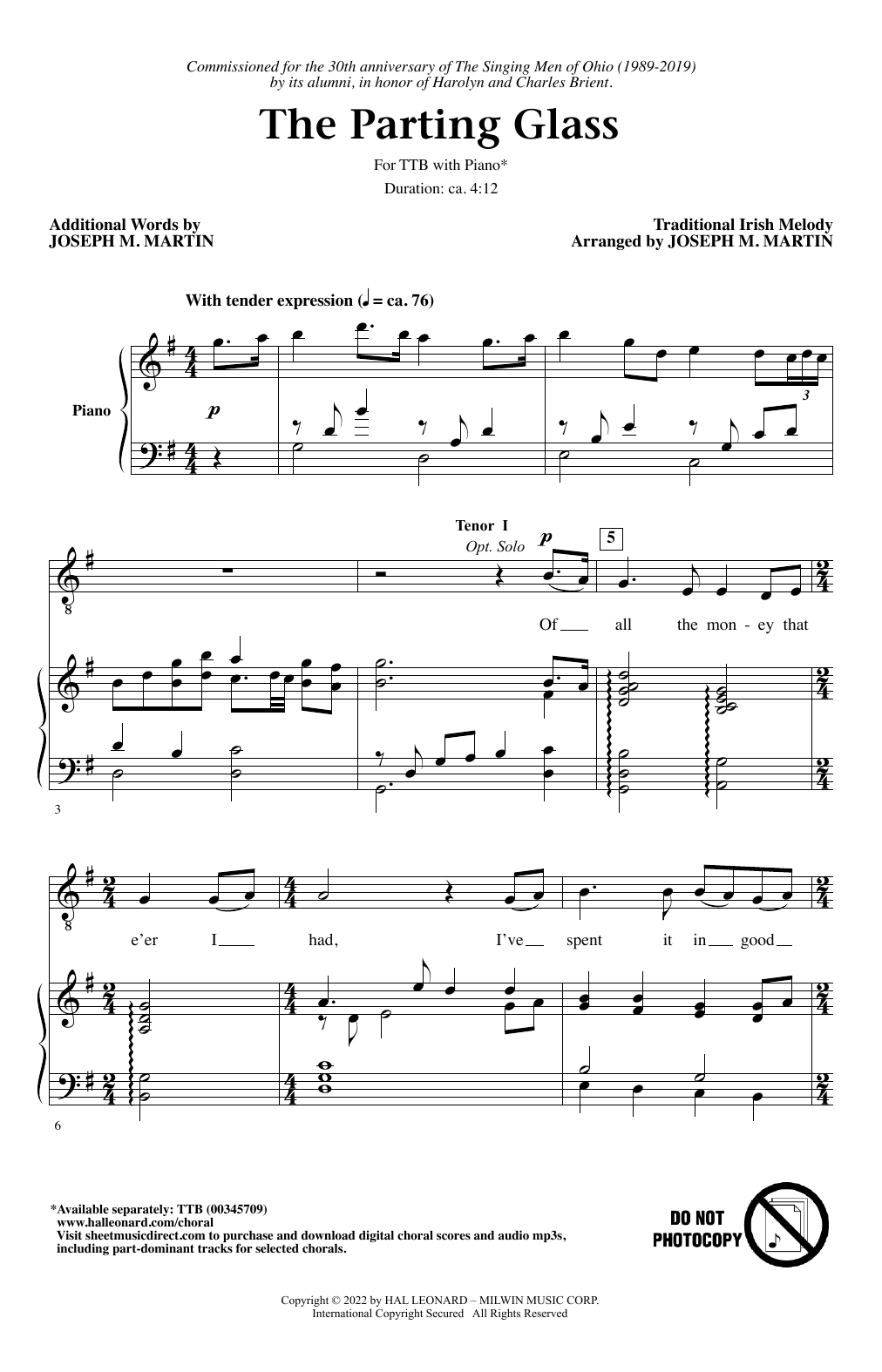 Traditional Irish Melody The Parting Glass (arr. Joseph M. Martin) Sheet Music Notes & Chords for TTBB Choir - Download or Print PDF