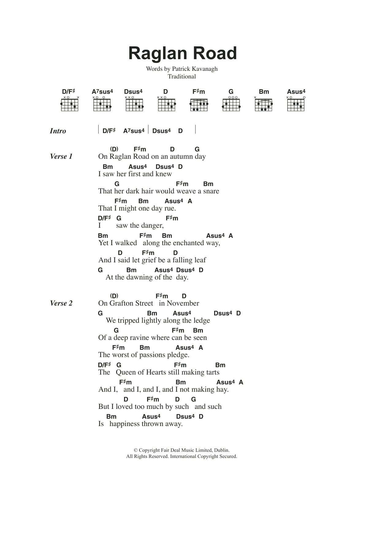 Traditional Irish Raglan Road Sheet Music Notes & Chords for Lyrics & Chords - Download or Print PDF