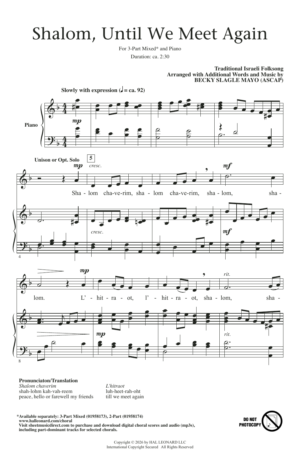 Traditional Israeli Folksong Shalom, Until We Meet Again (arr. Becki Slagle Mayo) Sheet Music Notes & Chords for 3-Part Mixed Choir - Download or Print PDF