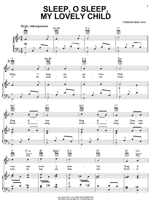 Traditional Italian Carol Sleep, O Sleep, My Precious Child Sheet Music Notes & Chords for Piano, Vocal & Guitar (Right-Hand Melody) - Download or Print PDF