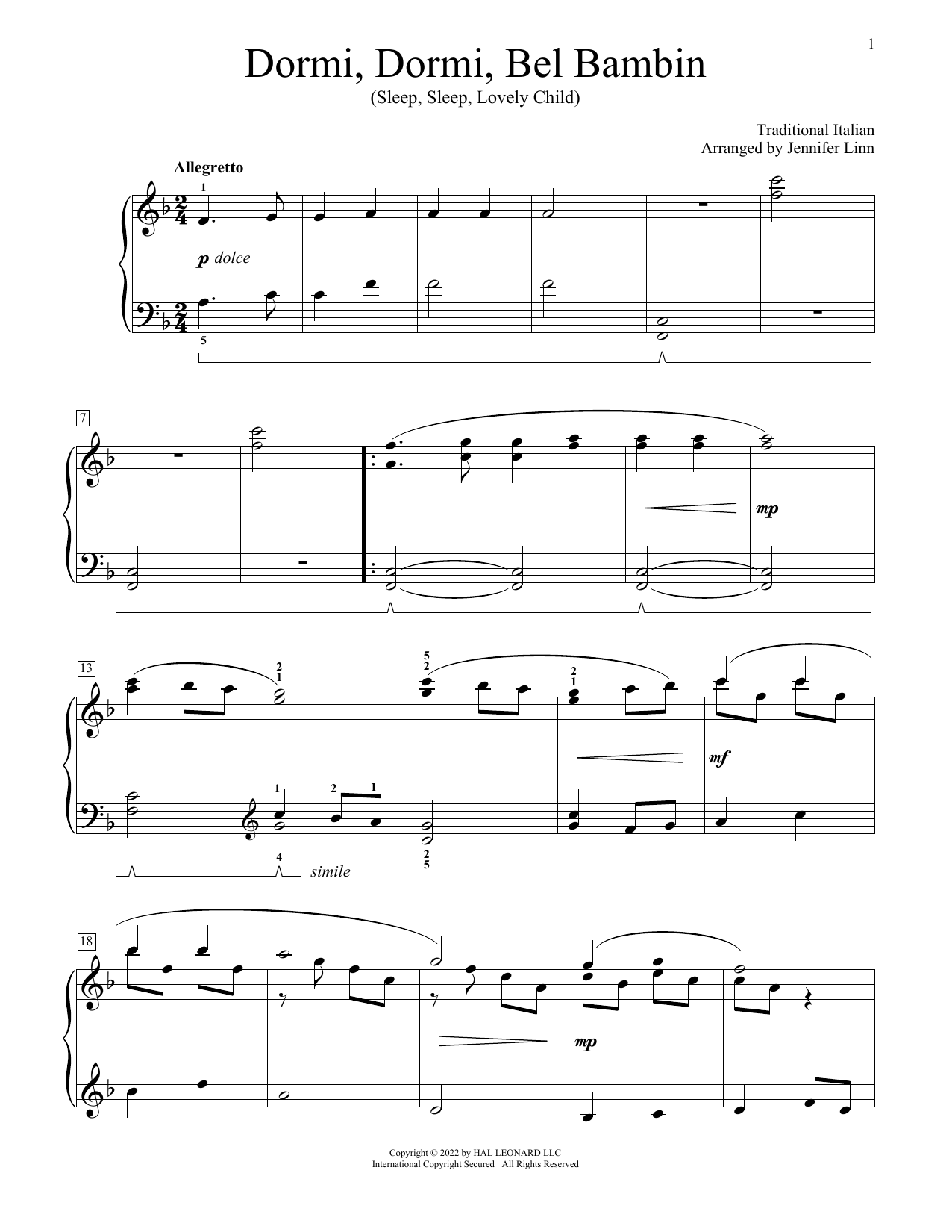 Traditional Italian Dormi, Dormi, Bel Bambino (arr. Jennifer Linn) Sheet Music Notes & Chords for Educational Piano - Download or Print PDF