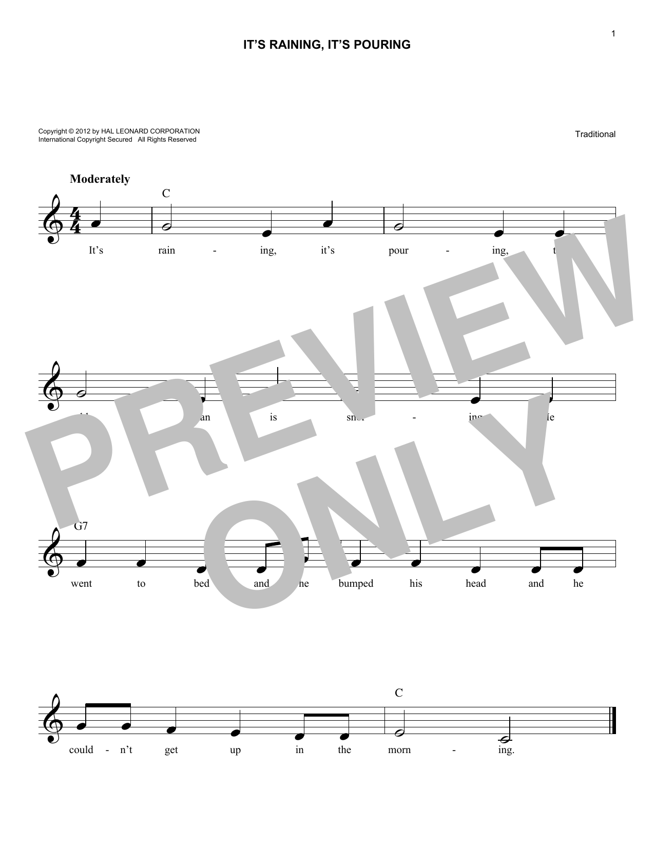 Traditional It's Raining, It's Pouring Sheet Music Notes & Chords for Piano, Vocal & Guitar Chords (Right-Hand Melody) - Download or Print PDF