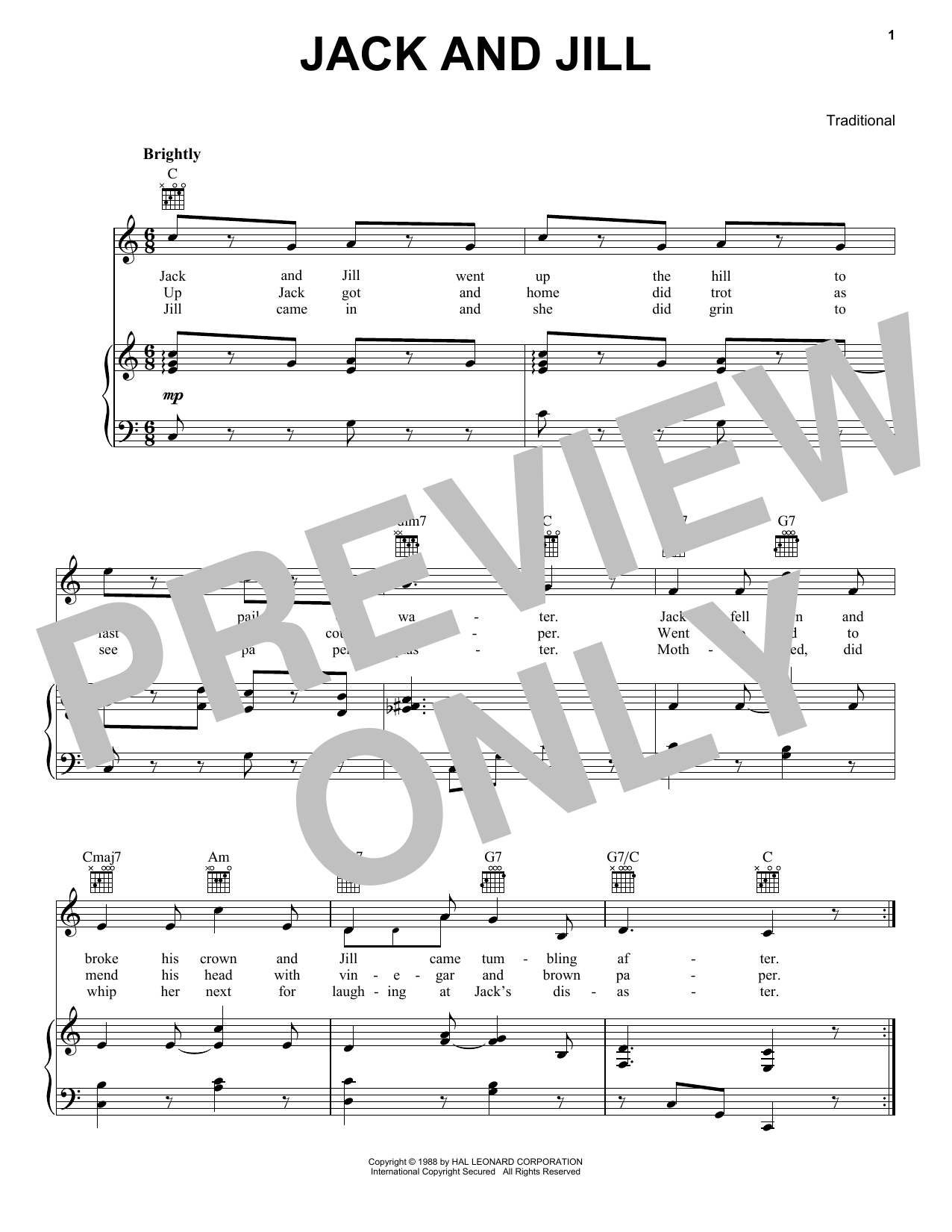 Traditional Jack And Jill Sheet Music Notes & Chords for Piano, Vocal & Guitar Chords (Right-Hand Melody) - Download or Print PDF