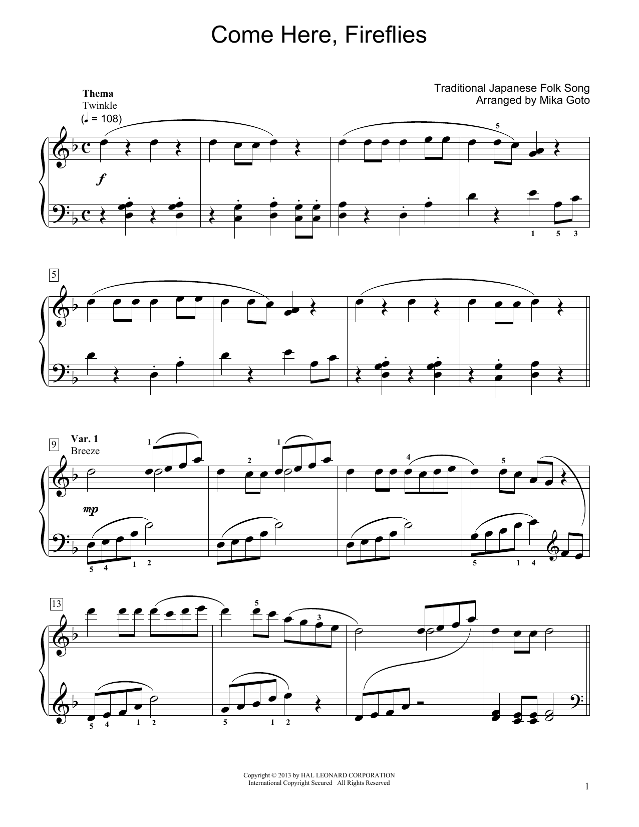 Traditional Japanese Folk Song Come Here, Fireflies (arr. Mika Goto) Sheet Music Notes & Chords for Educational Piano - Download or Print PDF