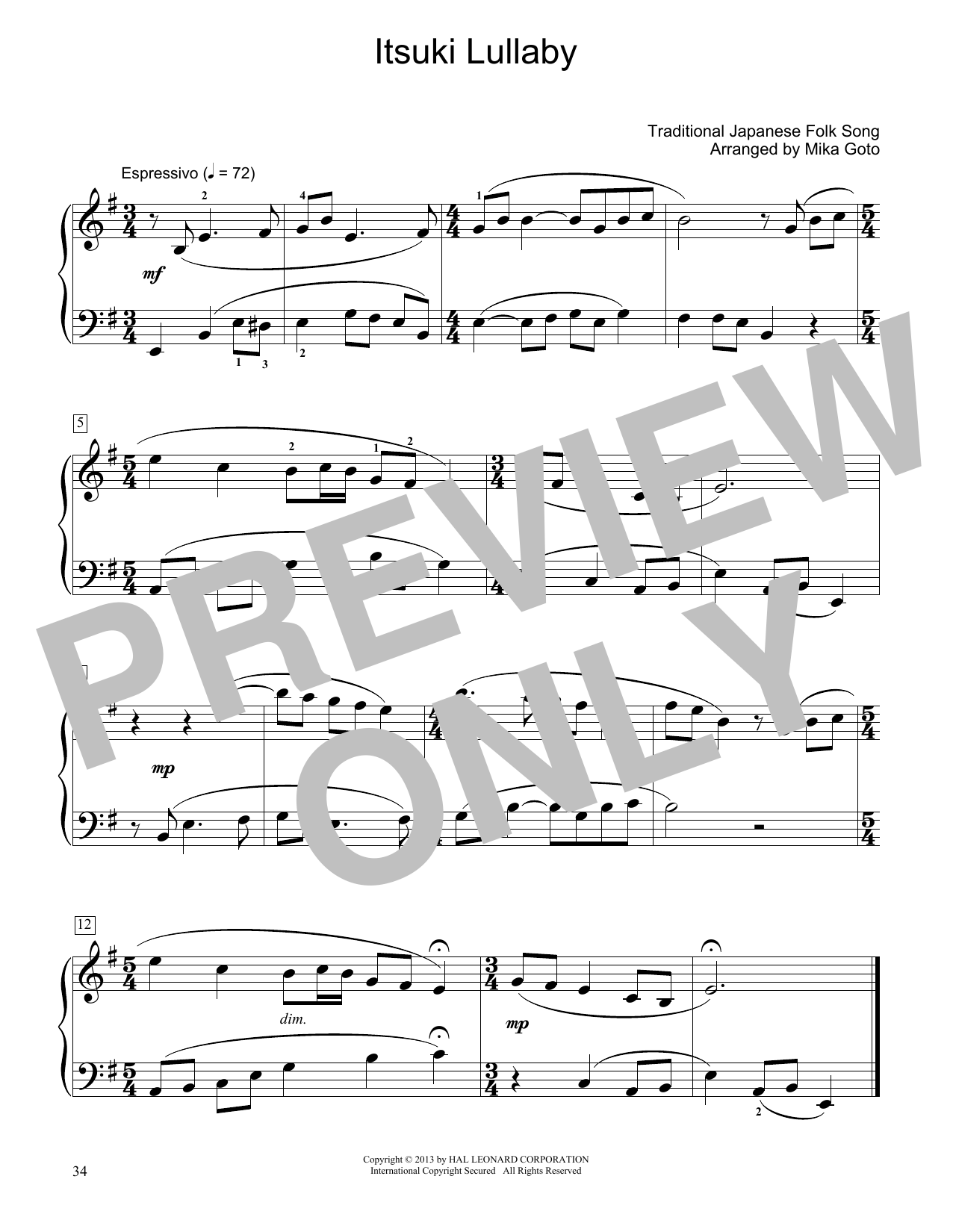 Traditional Japanese Folk Song Itsuki Lullaby (arr. Mika Goto) Sheet Music Notes & Chords for Educational Piano - Download or Print PDF