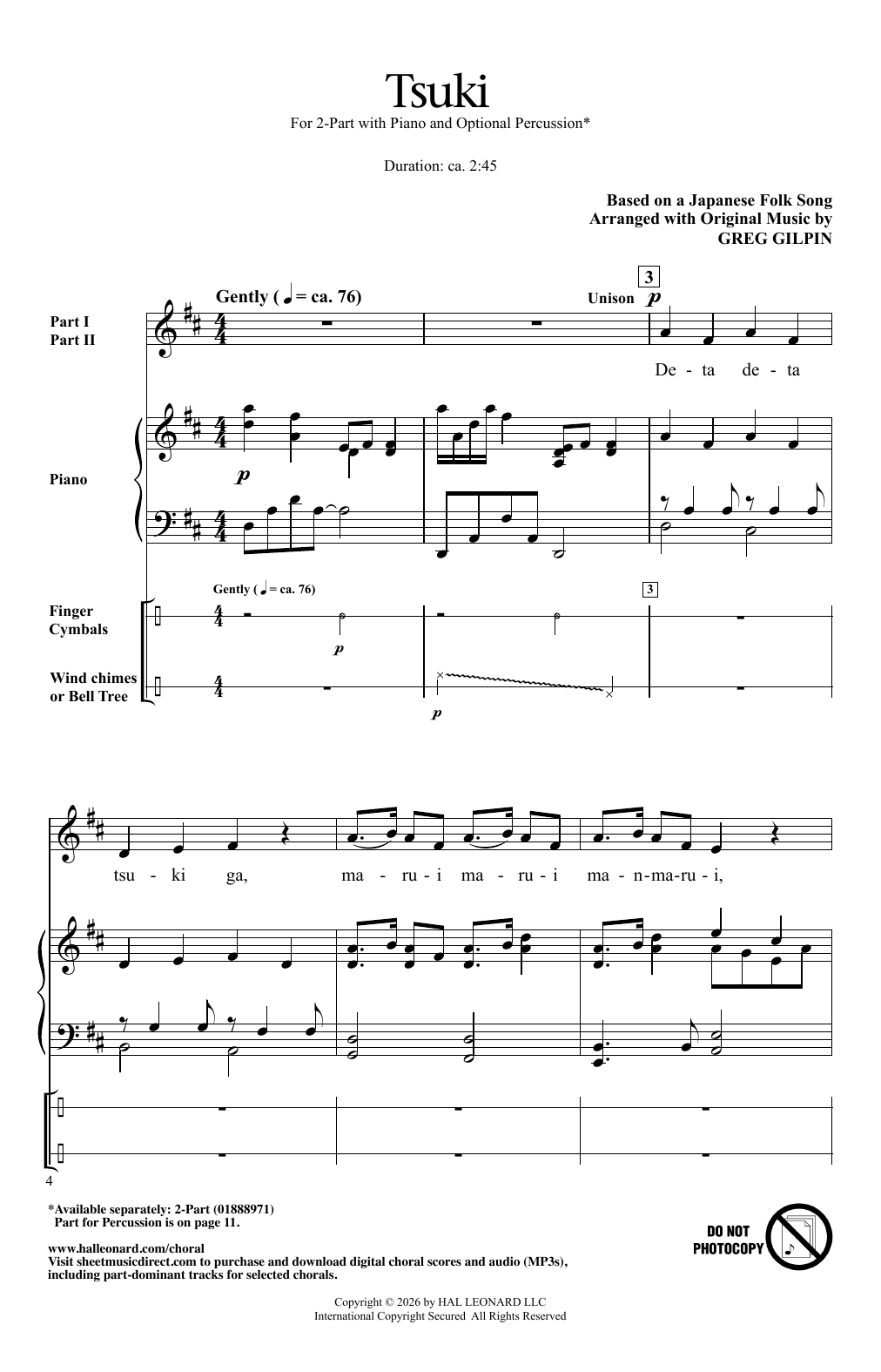 Traditional Japanese Folk Song Tsuki (arr. Greg Gilpin) Sheet Music Notes & Chords for 2-Part Choir - Download or Print PDF