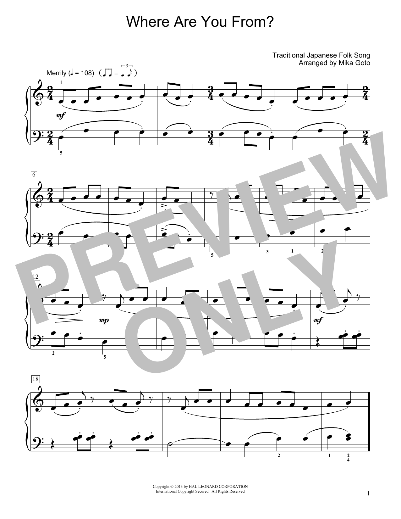 Traditional Japanese Folk Song Where Are You From? (arr. Mika Goto) Sheet Music Notes & Chords for Educational Piano - Download or Print PDF