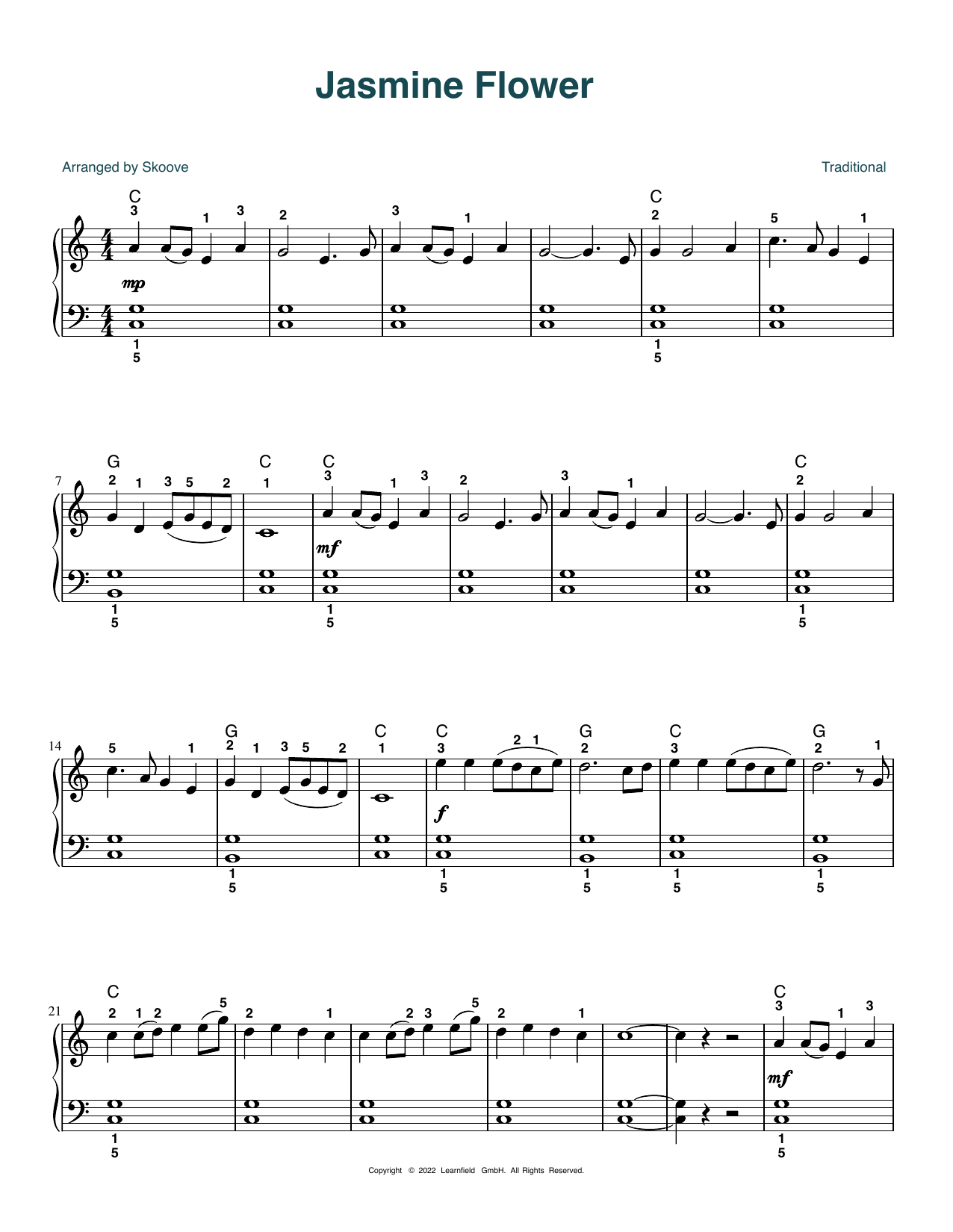 Traditional Jasmine Flower (arr. Skoove) Sheet Music Notes & Chords for Beginner Piano (Abridged) - Download or Print PDF
