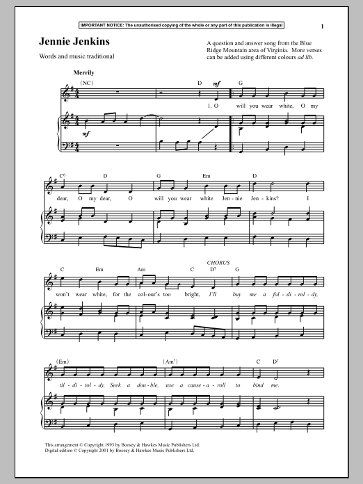 Traditional Jennie Jenkins Sheet Music Notes & Chords for Piano - Download or Print PDF