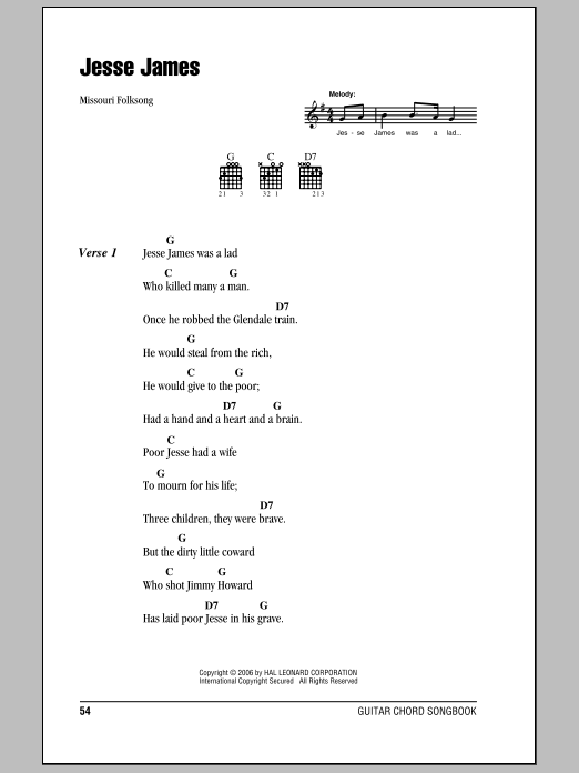 Traditional Jesse James Sheet Music Notes & Chords for Piano, Vocal & Guitar (Right-Hand Melody) - Download or Print PDF