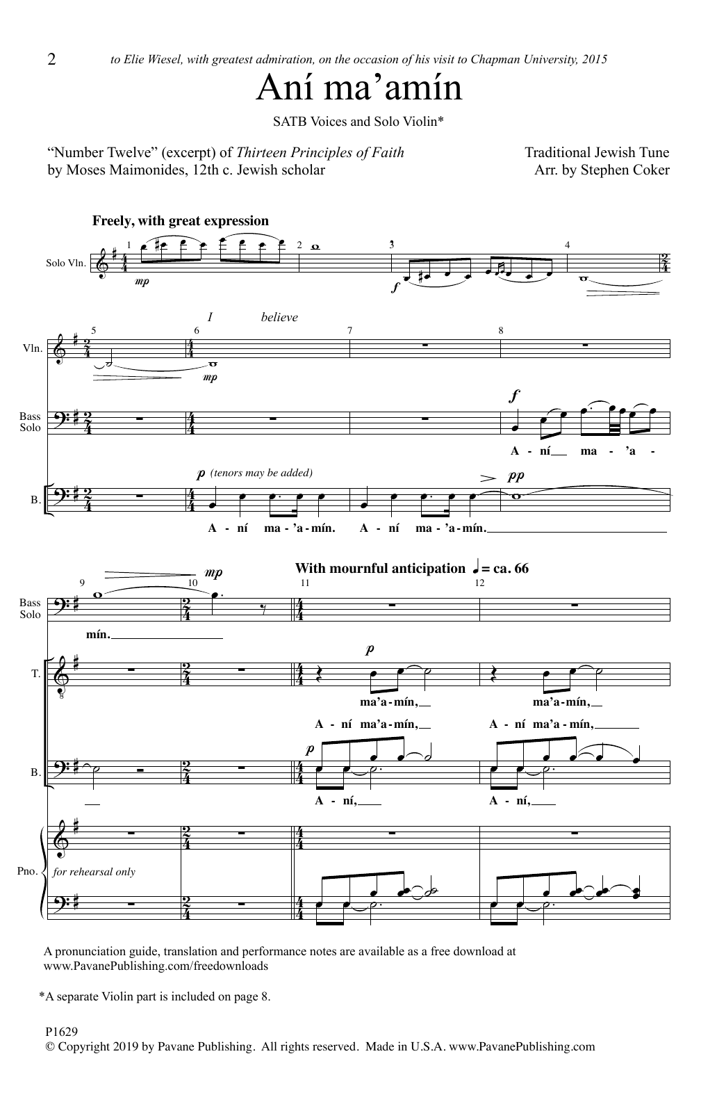Traditional Jewish Tune Ani Ma'amin (arr. Stephen Coker) Sheet Music Notes & Chords for SATB Choir - Download or Print PDF